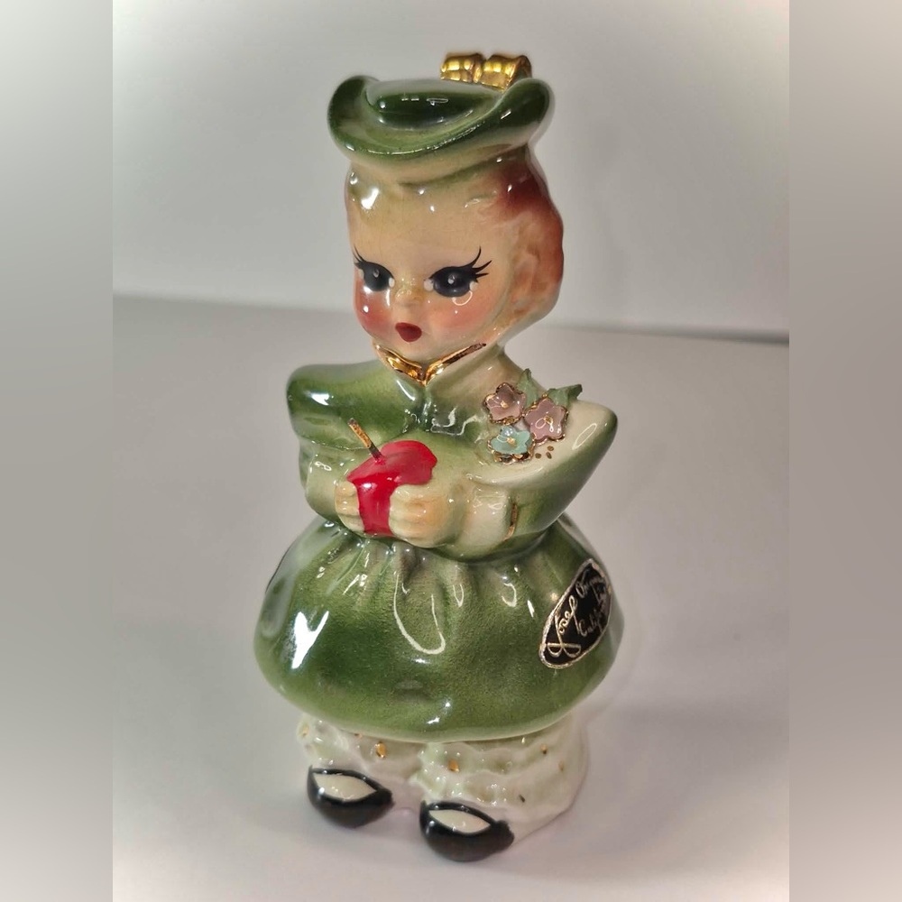 MCM Holiday Girl Figurine by Josef Originals - Green Dress with Apple 1950s